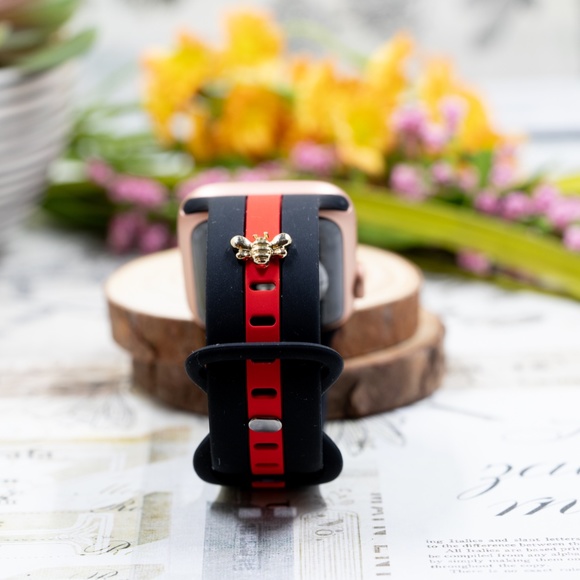 Apple Watch Band, Black and Red Stripes Silicone Strap w/ Bee Stud - Picture 5 of 5